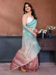 MODERN GOLD CRUSH SILK PADDING  WITH EMBROIDERY  WORK  SAREE WITH UNSTITCHED BLOUSE SKY AND CHIKU