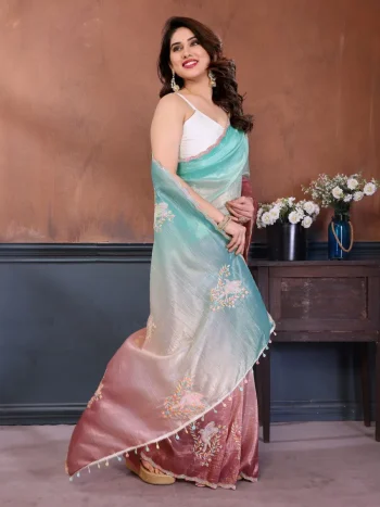 MODERN GOLD CRUSH SILK PADDING  WITH EMBROIDERY  WORK  SAREE WITH UNSTITCHED BLOUSE SKY AND CHIKU