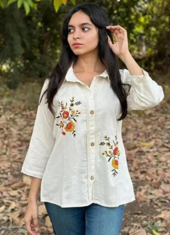 MODERN KHADI COTTON HAND EMBROIDERY BUTTA WORK ONLY TOP OFF WHITE