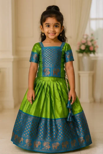MODERN LICHI SILK JACQUARD  WORK KID'S LEHENGA CHOLI  PARROT GREEN