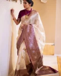 MODERN LICHI SILK JACQUARD WORK SAREE WITH UNSTITCHED BLOUSE CREAM AND WINE