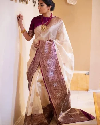 MODERN LICHI SILK JACQUARD WORK SAREE WITH UNSTITCHED BLOUSE CREAM AND WINE