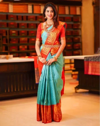 MODERN LICHI SILK JACQUARD WORK SAREE WITH UNSTITCHED BLOUSE RAMA