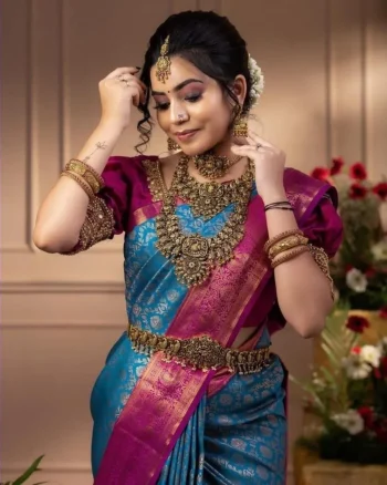 MODERN LICHI SILK JACQUARD WORK SAREE WITH UNSTITCHED BLOUSE RAMA