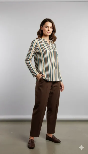 MODERN LYOCELL MULTI-COLOR VERTICAL STRIPE PRINT WORK SHIRT (TOP) AND PENT SET BROWN AND CREAM