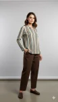 MODERN LYOCELL MULTI-COLOR VERTICAL STRIPE PRINT WORK SHIRT (TOP) AND PENT SET BROWN AND CREAM