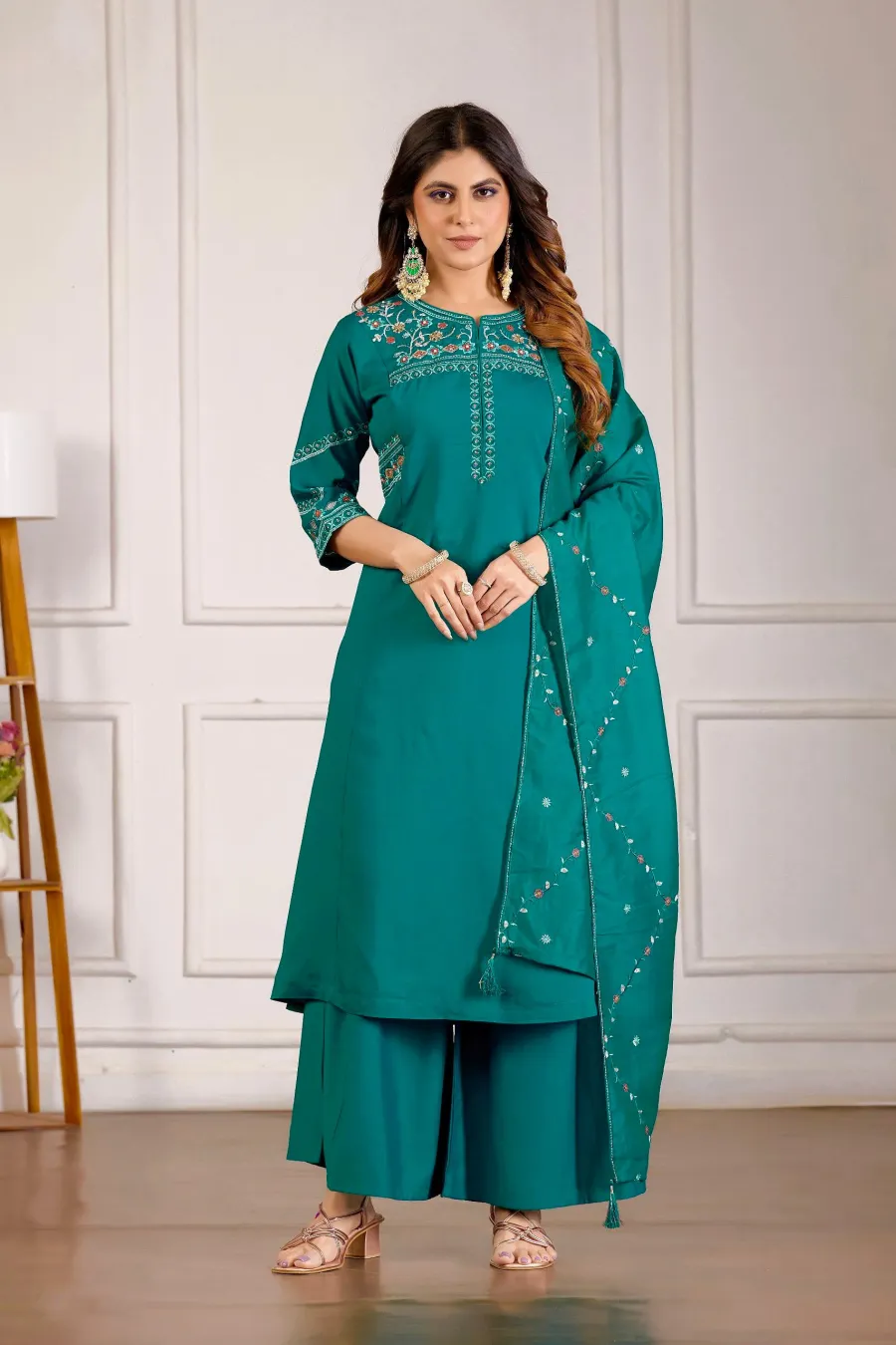 MODERN MANGO SILK MULTI EMBROIDERY THREAD WITH HAND WORK TOP PALAZZO WITH DUPATTA FESTIVE WEAR WHOLESALE PRICE ETHNIC GARMENT (26)