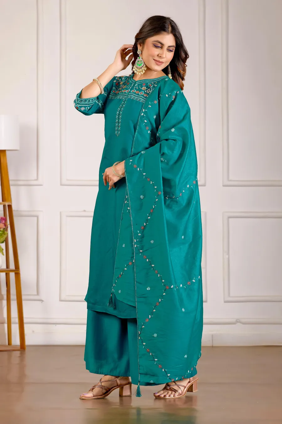 MODERN MANGO SILK MULTI EMBROIDERY THREAD WITH HAND WORK TOP PALAZZO WITH DUPATTA FESTIVE WEAR WHOLESALE PRICE ETHNIC GARMENT (29)