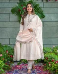 MODERN MUSLIN COTTON EMBROIDERY WORK TOP BOTTOM WITH DUPATTA CREAM