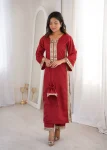 MODERN NATURAL CREPE REAL MIRROR LACE WORK TOP PENT WITH BATWA RED