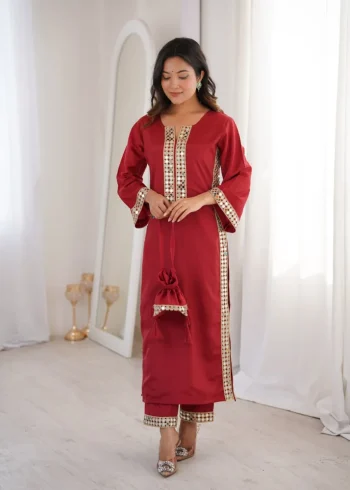 MODERN NATURAL CREPE REAL MIRROR LACE WORK TOP PENT WITH BATWA RED