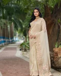 MODERN ORGANZA SILK SEQUENCE EMBROIDERY WORK SAREE WITH UNSTITCHED BLOUSE CREAM