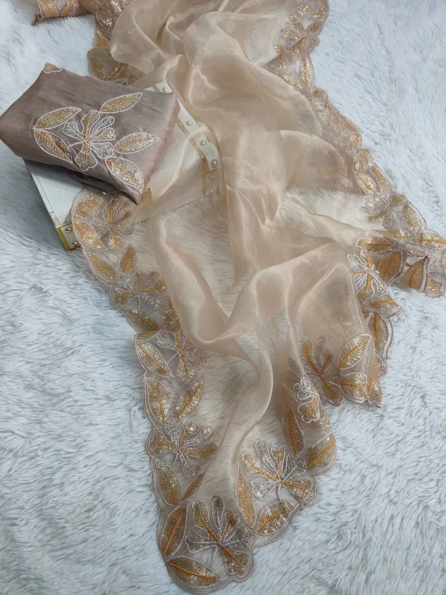 MODERN ORGANZA SILK SEQUENCE EMBROIDERY WORK SAREE WITH UNSTITCHED BLOUSE PARTY WEAR WHOLESALE PRICE ETHNIC GARMENT (5)