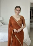 MODERN RANGOLI SILK EMBROIDERY CUTWORK WORK LACE BORDER WORK SAREE WITH UNSTITCHED BLOUSE ORANGE