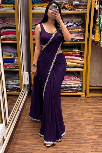 MODERN RANGOLI SILK EMBROIDERY SEQUENCE CODING WORK  SAREE WITH BLOUSE AND KOTI PURPLE