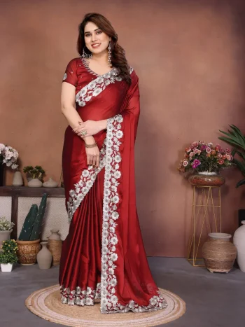 MODERN RANGOLI SILK EMBROIDERY WORK LACE BORDER SAREE WITH UNSTITCHED BLOUSE RED