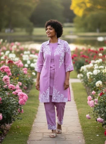 MODERN RAYON CHIKANKARI EMBROIDERY WORK CO-ORD SET PURPLE