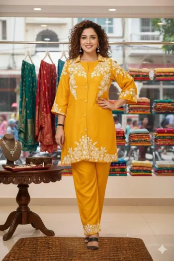 MODERN RAYON CHIKANKARI EMBROIDERY WORK CO-ORD SET YELLOW
