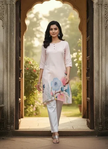 MODERN RAYON DIGITAL PRINT WORK TOP PENT SET CREAM