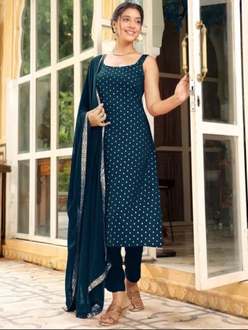MODERN RAYON FOIL WORK TOP BOTTOM WITH DUPATTA TEAL