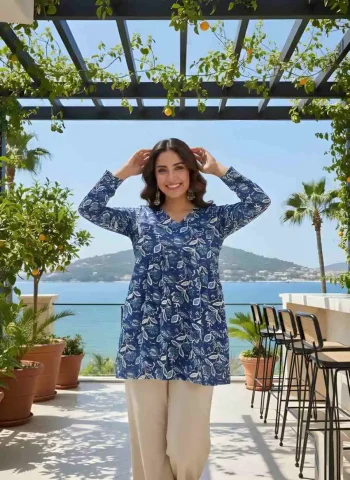 MODERN RAYON PRINT WORK ONLY TOP BLUE