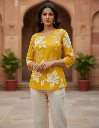 MODERN RAYON PRINT WORK ONLY TOP YELLOW