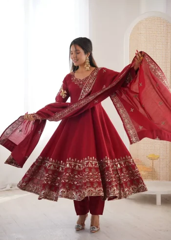 MODERN ROMAN SILK EMBROIDERY SEQUENCE WORK GOWN BOTTOM WITH DUPATTA MAROON