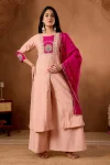 MODERN ROMAN SILK MULTI EMBROIDERY THREAD WITH BEAUTIFUL HAND WORK TOP PALAZZO WITH DUPATTA PEACH AND PINK