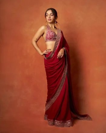 MODERN SATIN SILK JARI DORI EMBROIDERY WITH 3 MM & 5 MM SEQUENCE WORK SAREE WITH UNSTITCHED BLOUSE RED