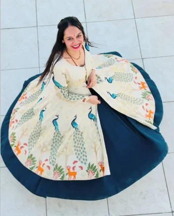 MODERN SHIMMER SILK EMBROIDERY THREAD AND SEQUENCE WORK TOP LEHENGA SET TEAL AND OFF WHITE