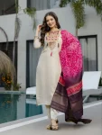 MODERN SHIMMER SILK SEQUENCE CODING EMBROIDERY WORK TOP BOTTOM WITH DUPATTA CREAM AND PINK