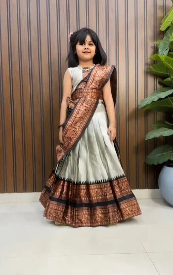 MODERN SILK BORDER ZARI WEAVING WORK AND CONTRAST BORDER WORK KID'S LEHENGA CHOLI WITH DUPATTA GREY