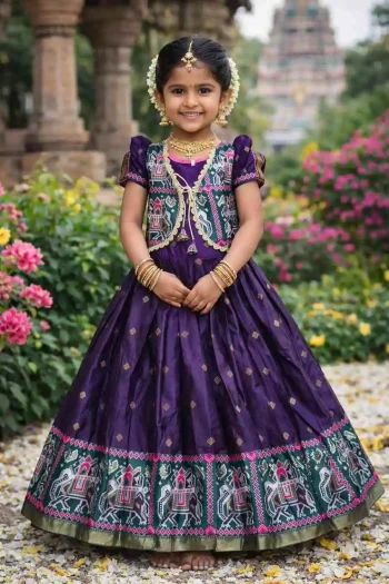 MODERN SILK JACQUARD WORK KID'S GOWN WITH KOTI PURPLE