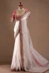 MODERN SPACE SILK DUAL SEQUENCE AND CODING EMBROIDERY LACE BORDER WORK SAREE WITH UNSTITCHED BLOUSE CREAM AND RED
