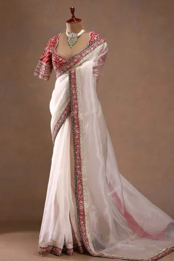 MODERN SPACE SILK DUAL SEQUENCE AND CODING EMBROIDERY LACE BORDER WORK SAREE WITH UNSTITCHED BLOUSE CREAM AND RED