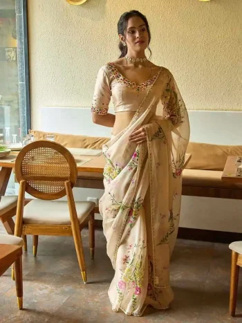 MODERN TABBY SILK FLORAL PRINT WITH SEQUENCE AND CUTDANA HANDWORK SAREE WITH UNSTITCHED BLOUSE CREAM
