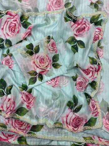 MODERN TABBY SILK FLORAL PRINTS WITH PEARL HANDWORK IN BORDER WORK SAREE WITH UNSTITCHED BLOUSE SKY