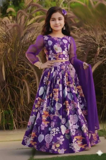 MODERN TWILL COTTON DIGITAL PRINT WORK KID'S LEHENGA CHOLI WITH DUPATTA PURPLE