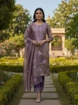 MODERN TWILL COTTON EMBROIDERY WORK TOP BOTTOM WITH DUPATTA PURPLE