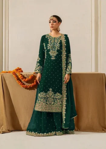 DESIGNER VELVET CODING SEQUENCE WORK AND MOTI WORK TOP PALAZZO WITH DUPATTA GREEN