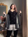 MODERN VELVET CODING WITH SEQUENCE WORK & THREAD WORK TOP PALAZZO WITH DUPATTA BLACK