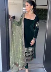 MODERN VELVET EMBROIDERY CODING SEQUENCE WORK TOP BOTTOM WITH DUPATTA GREEN