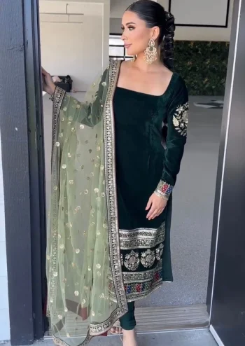 MODERN VELVET EMBROIDERY CODING SEQUENCE WORK TOP BOTTOM WITH DUPATTA GREEN