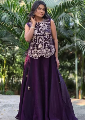 MODERN VICHITRA SILK PLAIN LEHENGA CHOLI WITH EMBROIDERY THREAD AND SEQUENCE WORK SHRUG PURPLE