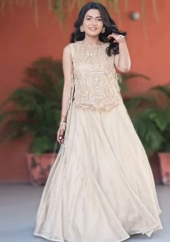 MODERN VICHITRA SILK PLAIN LEHENGA CHOLI WITH EMBROIDERY THREAD AND SEQUENCE WORK SHRUG OFF WHITE