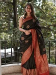 MOST PICKED LICHI SILK JACQUARD WORK SAREE WITH UNSTITCHED BLOUSE BLACK AND RED