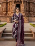 NEW ARRIVAL 14KG RAYON PAPER MIRROR EMBROIDERY PRINT WORK TOP BOTTOM WITH DUPATTA WINE