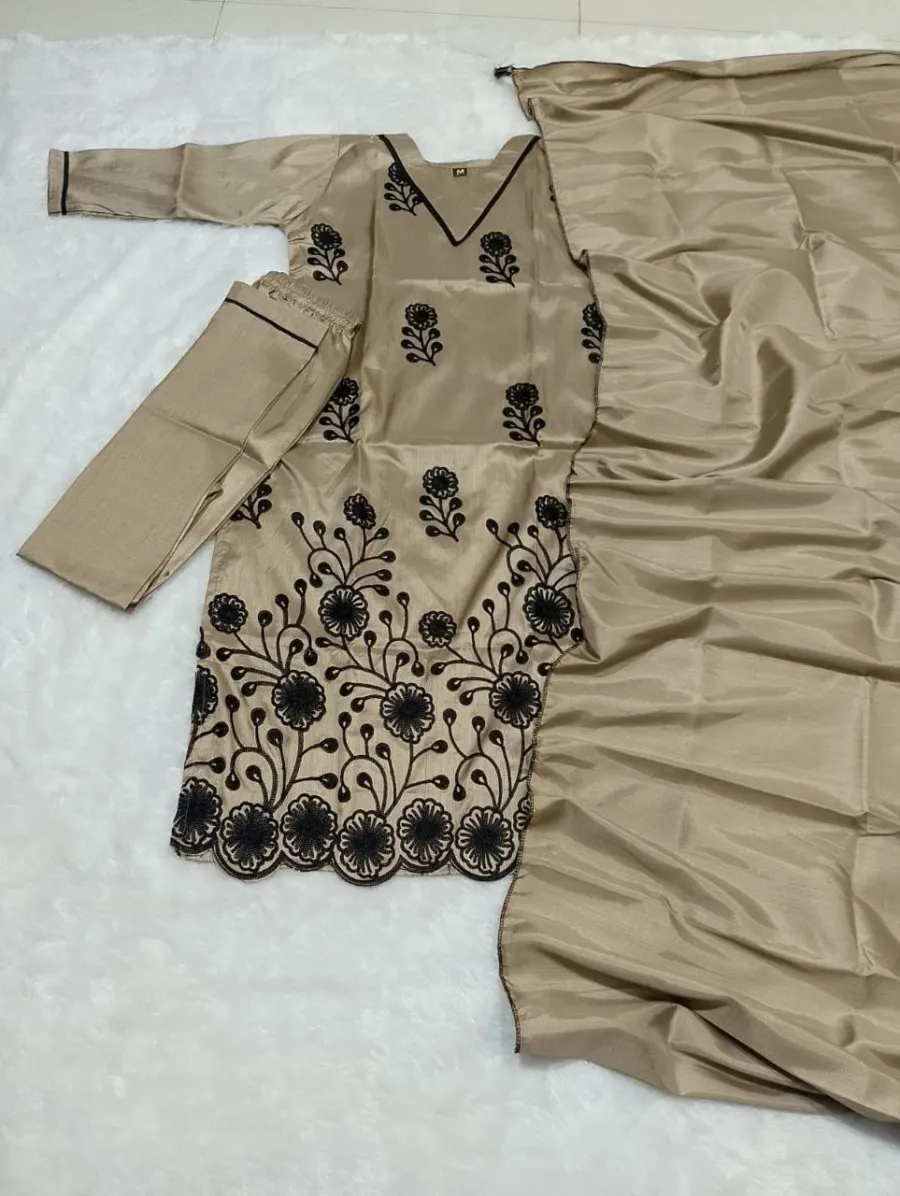NEW ARRIVAL ART SILK EMBROIDERY WORK TOP BOTTOM WITH DUPATTA CASUAL WEAR WHOLESALE PRICE ETHNIC GARMENT (1)