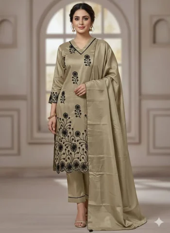 NEW ARRIVAL ART SILK EMBROIDERY WORK TOP BOTTOM WITH DUPATTA CREAM