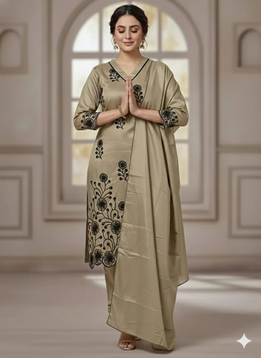 NEW ARRIVAL ART SILK EMBROIDERY WORK TOP BOTTOM WITH DUPATTA CASUAL WEAR WHOLESALE PRICE ETHNIC GARMENT (4)